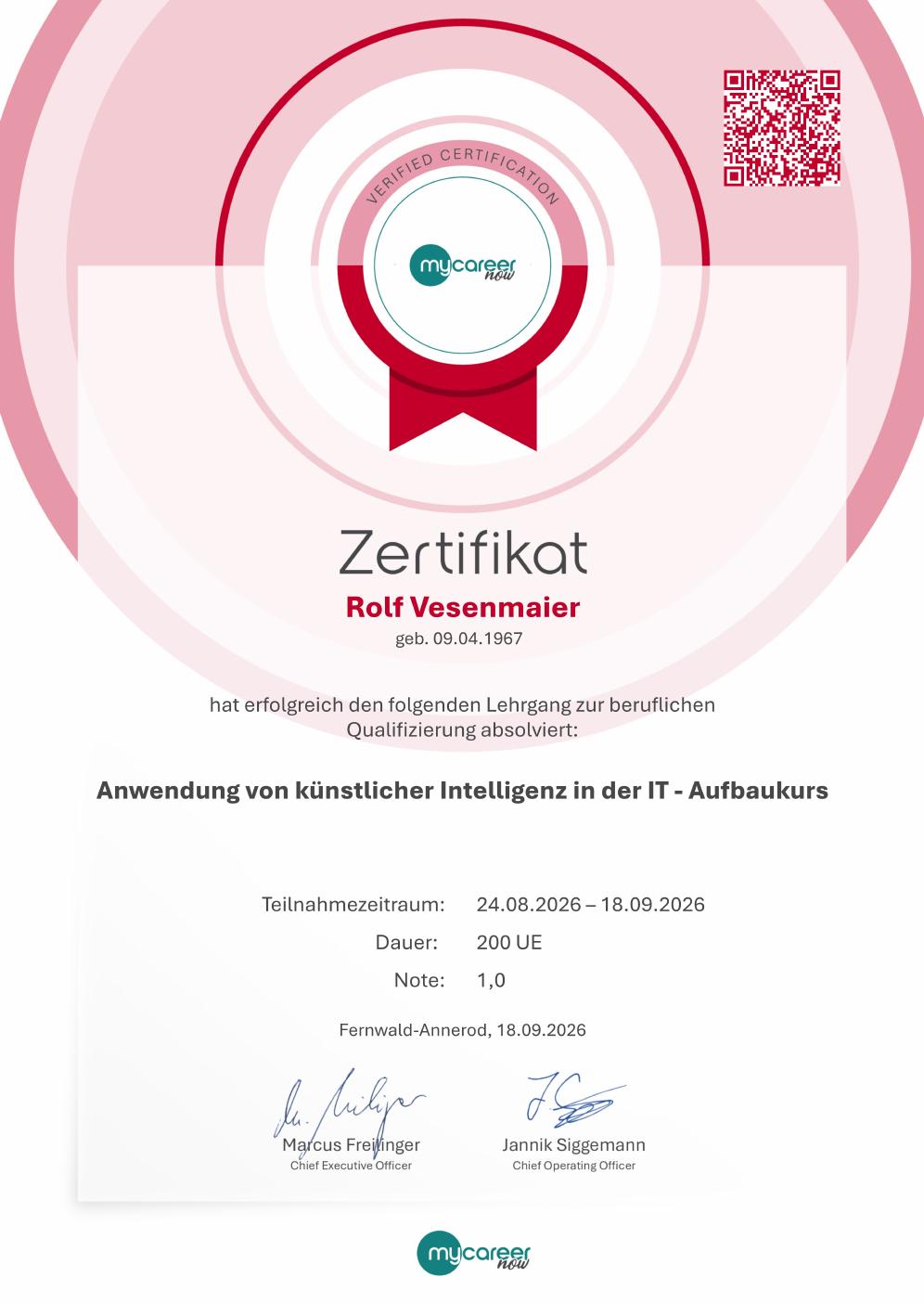 Zertifikat KI Aufbaukurs 2026