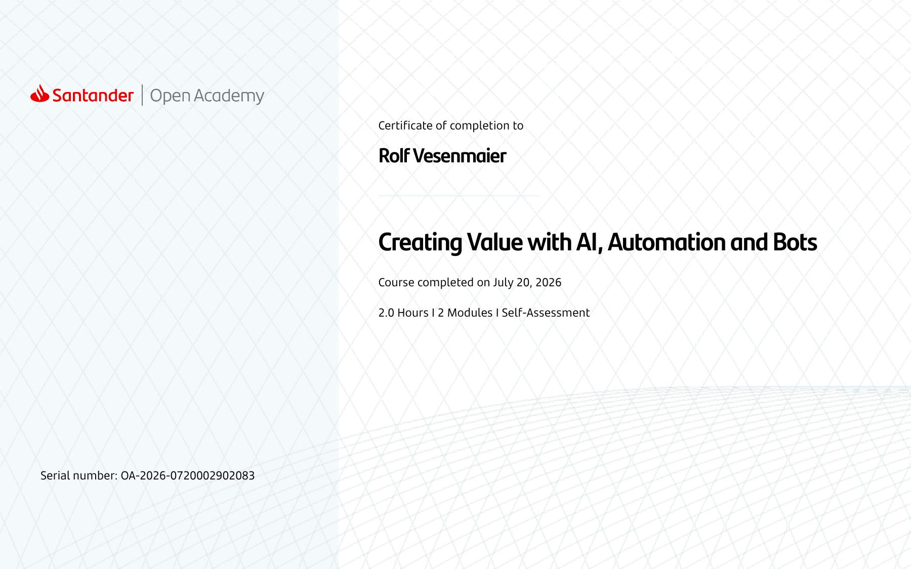 Certificate Creating Value with AI, Automation and Bots 2026