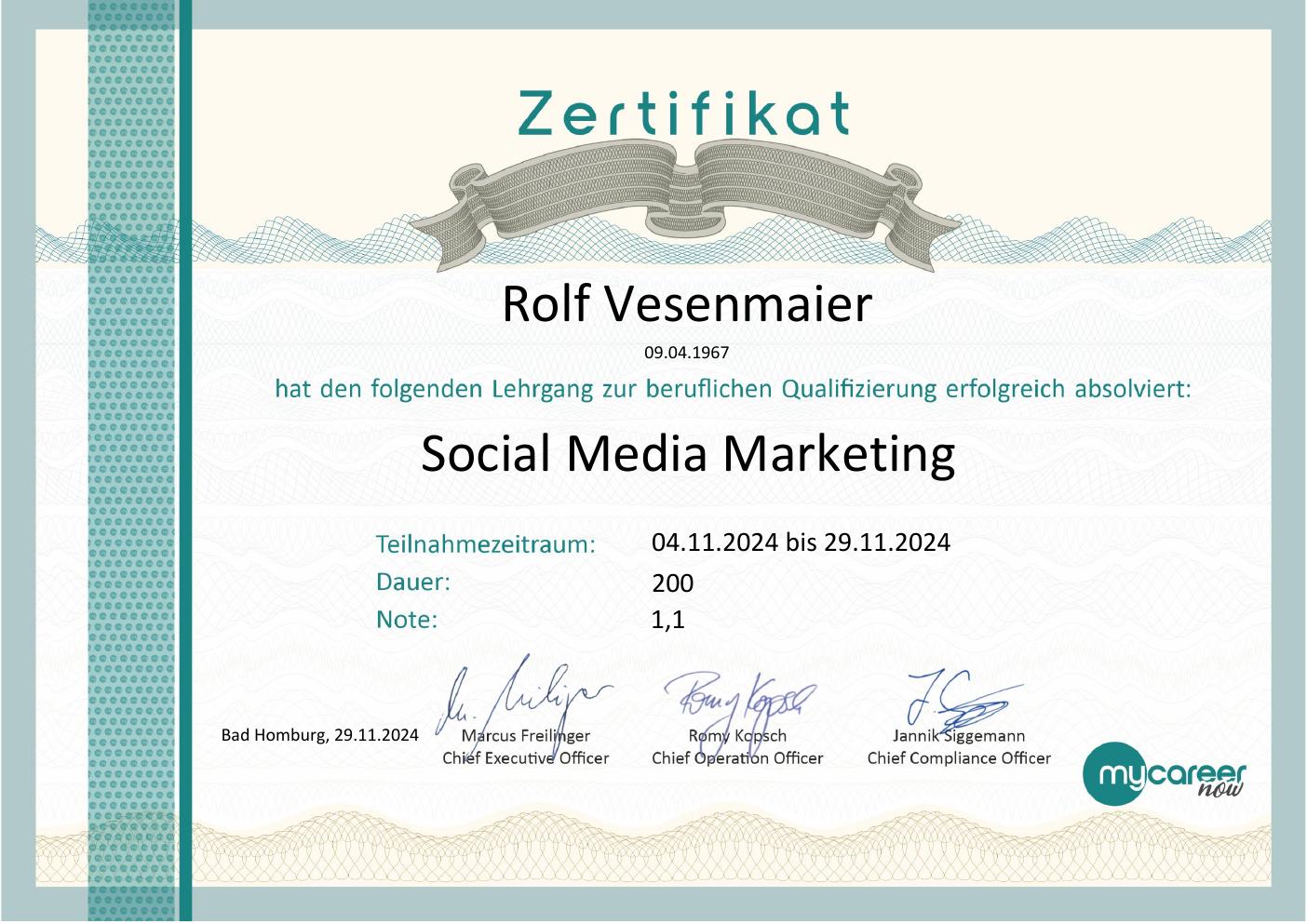 Zertifikat Social Media Marketing 2024