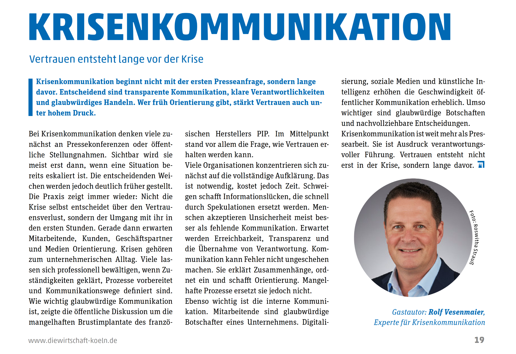 Fachbeitrag Krisenkommunikation von Rolf Vesenmaier in Die Wirtschaft Köln, Ausgabe 5/2026